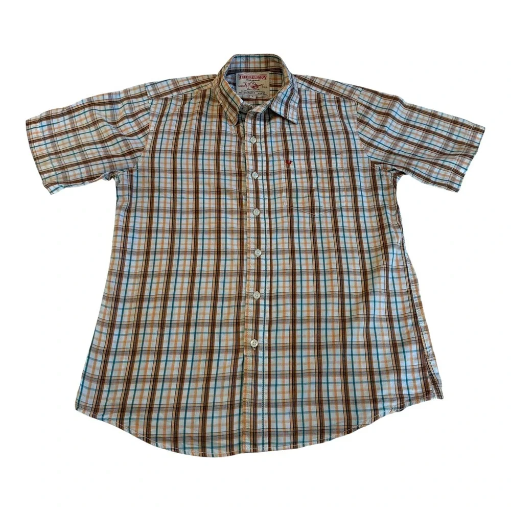 True Religion World Tour Plaid Shirt Men's L Section Ricky Row Seat Button‎ Up